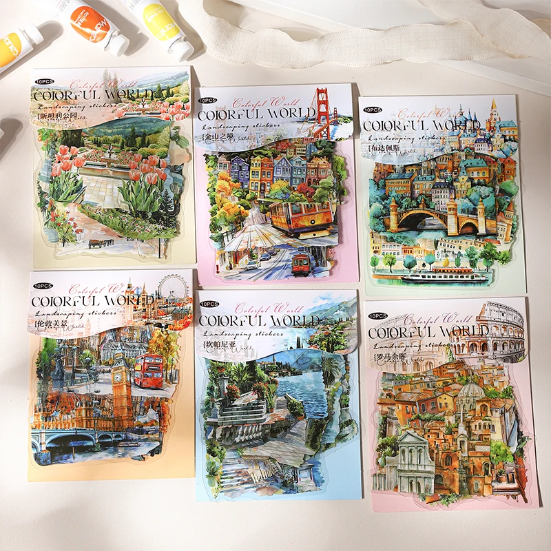JIANQI 10 Blatt INS-Weltlandschaftsaufkleber, DIY-Tagebuch, Scrapbooking-Aufkleber, Festival, Geburtstag, Party, Geschenk, Dekorationen, Etiketten Image