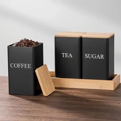 Set of 3 Canisters|Cast Iron and Wooden Kitchen Canisters | Washable and Uncharged | Kitchen Storage for Tea, Coffee, Sugar |