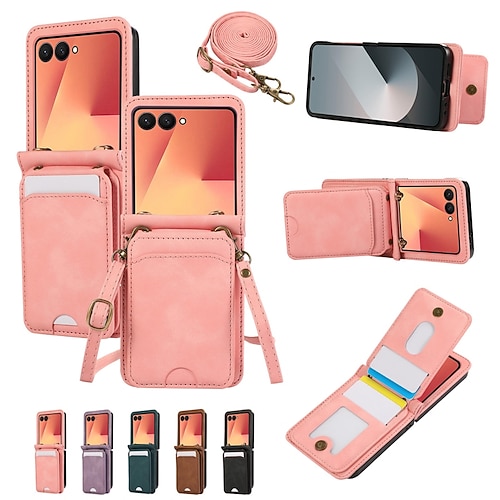 Handy Hülle Handyhüllen Für Samsung Galaxy Z Flip 7 Z Flip 6 Z Flip 5 Z Flip 4 Rückseite mit Trageriemen Ständer Kartenfach Retro TPU PU-Leder Image