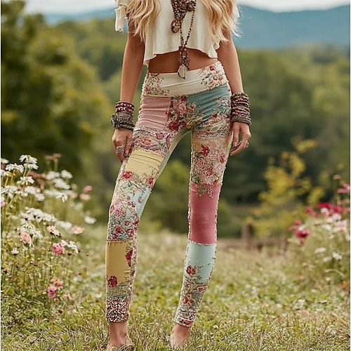 Frauen 3D Druck Leggings Urlaub Vintage Mode Voll Längs Hohe Taille Hosen Karneval Floral Grafik Druck Thermisch Warm Weich Atembar Elastisch Urlaub Straße Grau Grün Amethyst Pink Gelb Image