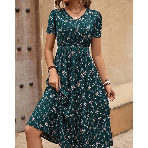 Damen Midikleid Blumenkleid Druckkleid Klassisch Modern Outdoor Urlaub Ferien Normale Passform Blume Kurzarm V Ausschnitt Schwarz Königsblau Braun Grün Sommer Image