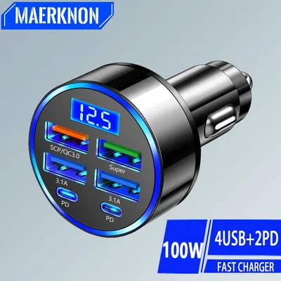 6 Ports 100W USB Car Charger Fast Charging Type C Digital Display Car Phone Adapter For iPhone Samsung Xiaomi USB C Car Charger