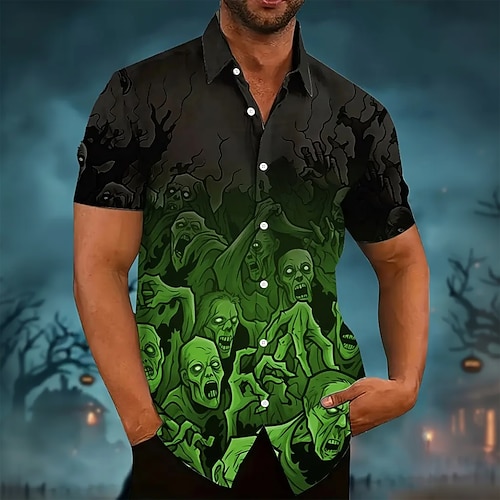 Herren Kostüme Schädel Shirt Sommer Hemd Button Up Shirt Kurzarm Dunkler Gothic Stil Feiertag Sommer Frühling Umschlag 3D Druck Kragen Hemden Vorne Eine Tasche Schwarz Pink Blau Orange Grün Image