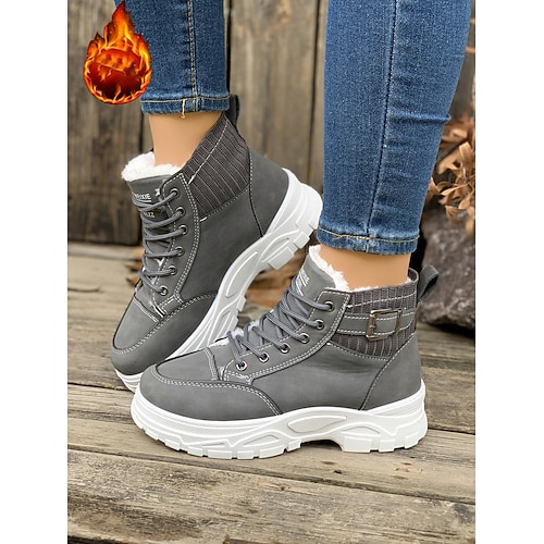 Braune Winter-Sneaker-Stiefel mit Fellfutter für Damen – Schnürstiefeletten mit dicker Sohle und Strickkragen für kaltes Wetter, Outdoor und Freizeit Image