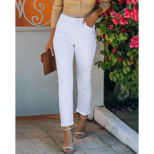 Damen Stoffhosen Abgeschnittene Hose Gerade Streetwear Lässig Volle Länge Natürliche Taille Einfach Tasche Bequem Straße Ferien Alltagskleidung Weiß Herbst Normale Passform Image