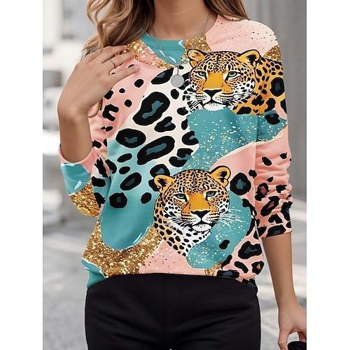 Damen Pullover Sweatshirts Tiermotiv Leopard Aktiv Niedlich Klassisch Langarm Rundhalsausschnitt Rundhals Normale Oberteile Heim Arbeit Alltagskleidung Druck Rosa Sommer Frühling Herbst Frühling