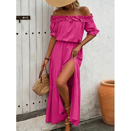 Damen Langes Kleid Maxikleid Schwingkleid Sommerkleid Elegant Ausgehen Sommerkleid Normale Passform Einfarbig Kurzarm Schulterfrei Schwarz Rote Rosenrot Aprikose Sommer Image