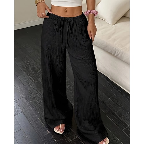 Damen Weites Bein Hosen Hose Palazzo-Hose Mode Streetwear Volle Länge Hohe Taille Einfach Elastischer Bund Atmungsaktivität Bequem Straße Alltagskleidung Ausgehen Schwarz Weiß Rosa Khaki Sommer Image