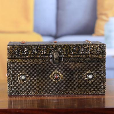 'Artisan-Made Antiqued Brass and Glass Beaded Jewelry Box'