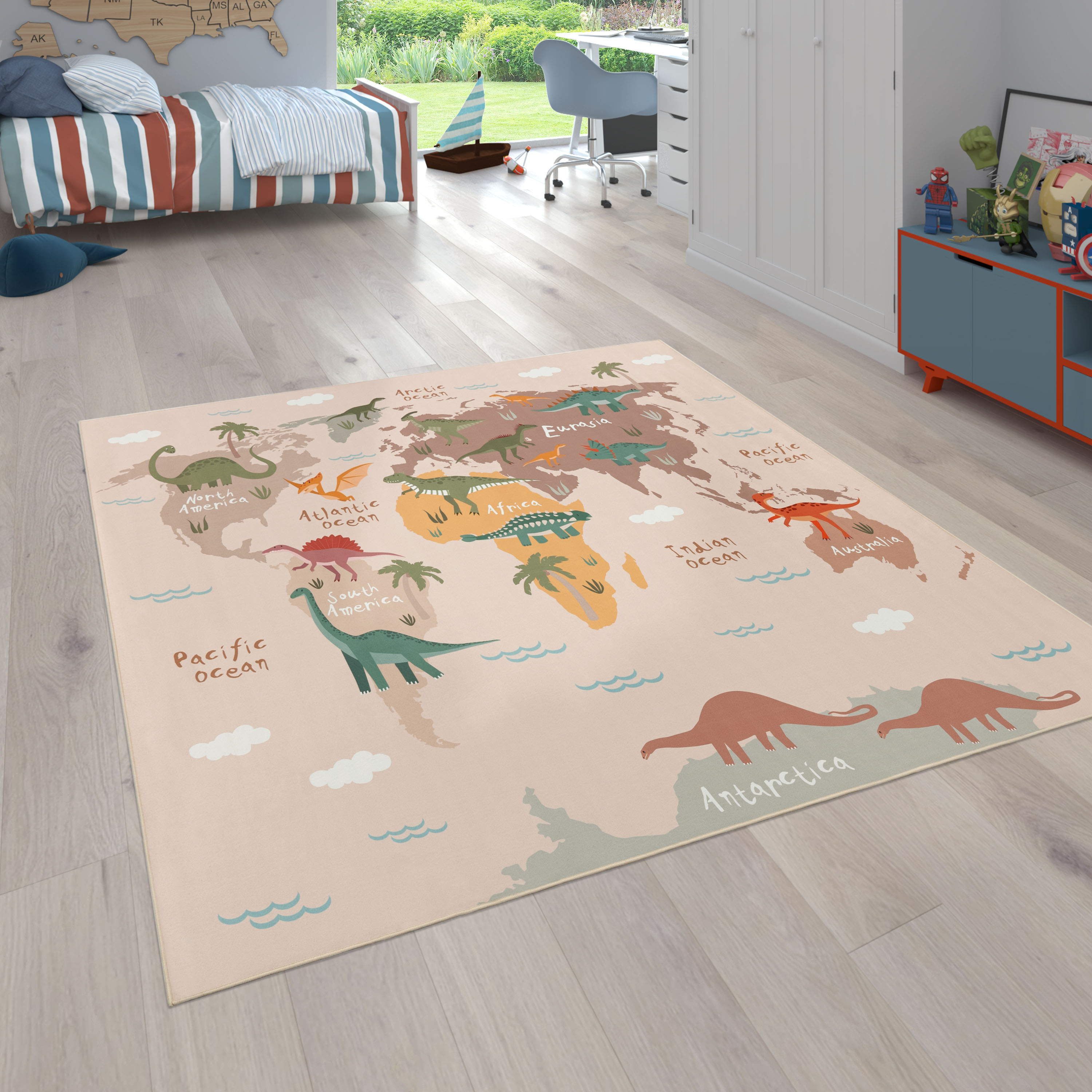 Kinderteppich PACO HOME "Bino 583", beige, B:120cm H:4mm L:160cm, Polyester, Teppiche, Kinderteppich, Spielteppich, Motiv Weltkarte & Dinosaurier, Kinderzimmer