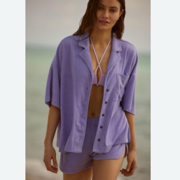 Anthropologie Tops | Brand New By Anthropologie Short-Sleeve Terry Buttondown Surf Shirt | Color: Purple | Size: M