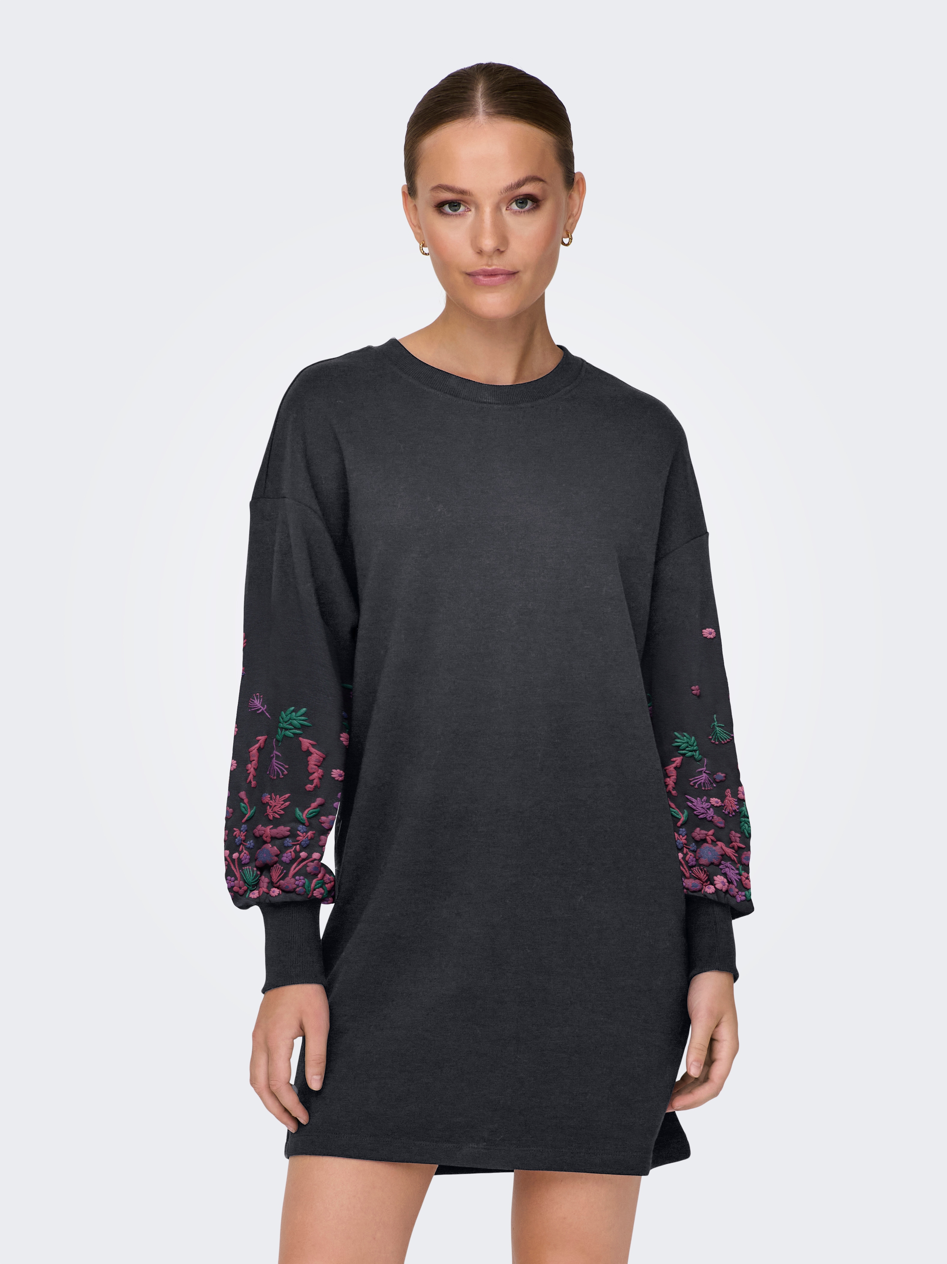 Sweatkleid ONLY "ONLBROOKE LS SHORT DRESS FLOWER SWT NOOS", Damen, Gr. XXS, N-Gr, phantom print:autumn sleeve flower, Sweatware, Obermaterial: 60% Baumwolle, 40% Polyester, bedruckt, lässig geschnitten kurz, Rundhals, Kleider Image