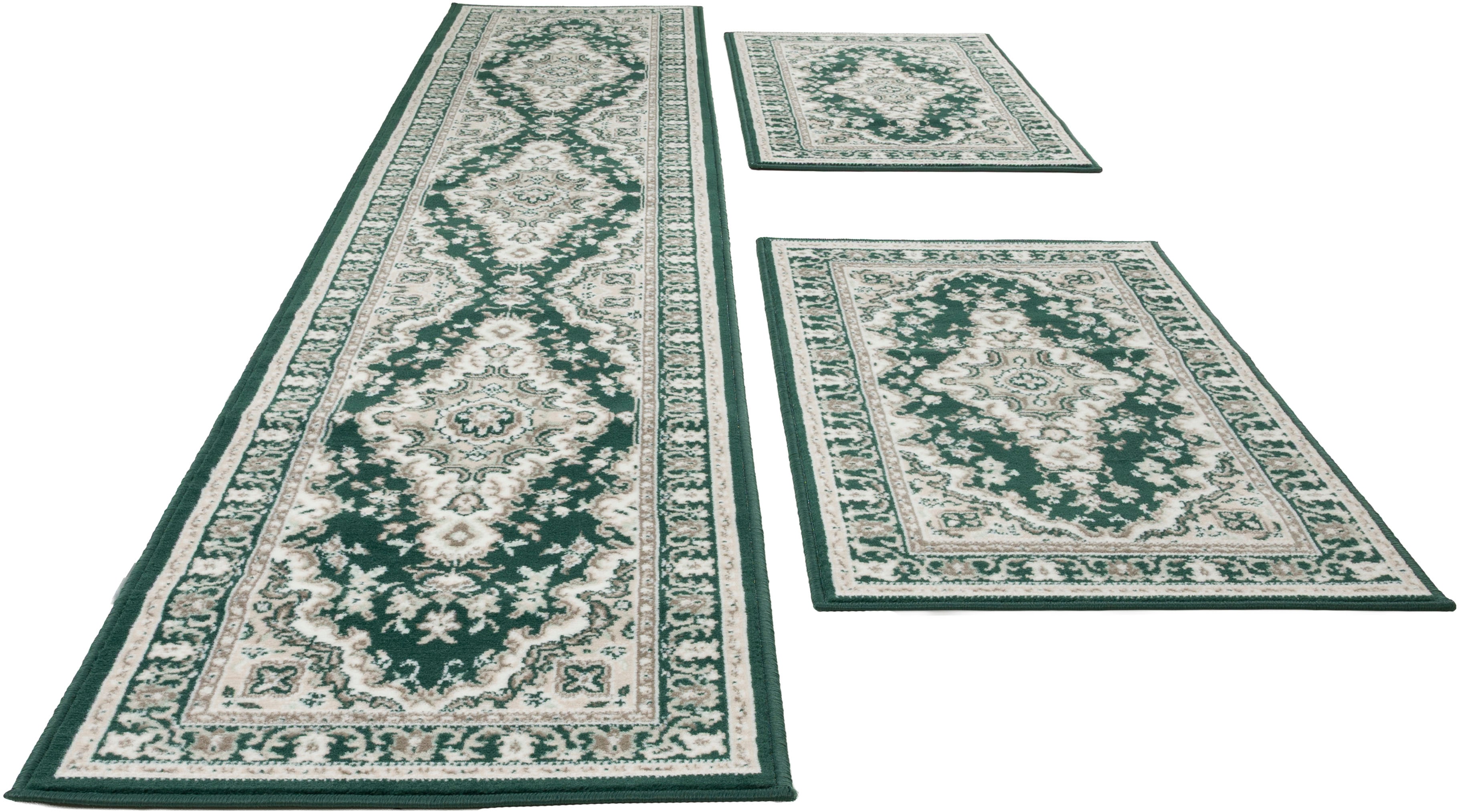 Bettumrandung MY HOME "Oriental, Made in Belgium", grün (dunkelgrün), H:7mm, Obermaterial: 100% Polypropylen, Bettumrandungen, Läufer-Set, Kurzflor, Orient-Optik, mit Bordüre, pflegeleicht, elegant