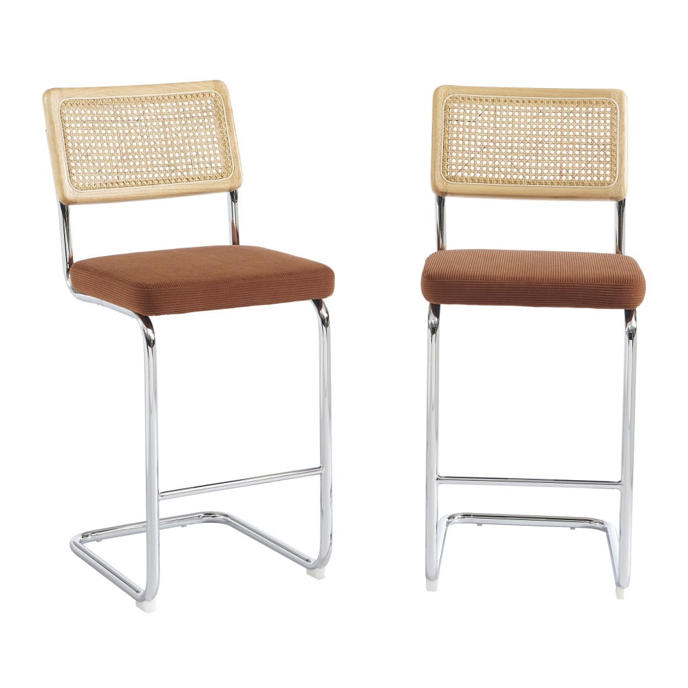 Lot de 2 tabourets mi-hauts cannage velours côtelé terracotta