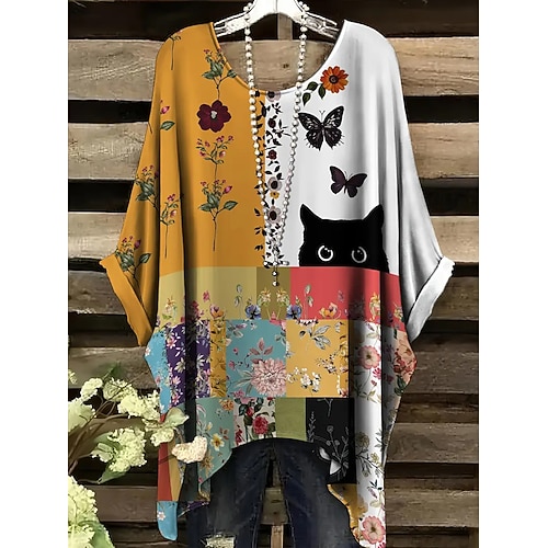 Femmes Chemisier Graphique Animal Chat ancien Quotidien Occasionnel Demi Manches Manche Chauve-souris Col ras du cou Hauts Longs Quotidien Fête Tenue de plage Asymétrique Jaune Rouge Bleu Chameau Gris