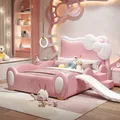 Lit princesse fille dessin animé enfant rose Kitty chat mère et bébé bois massif 1.5m lit en cuir garde-corps épissage