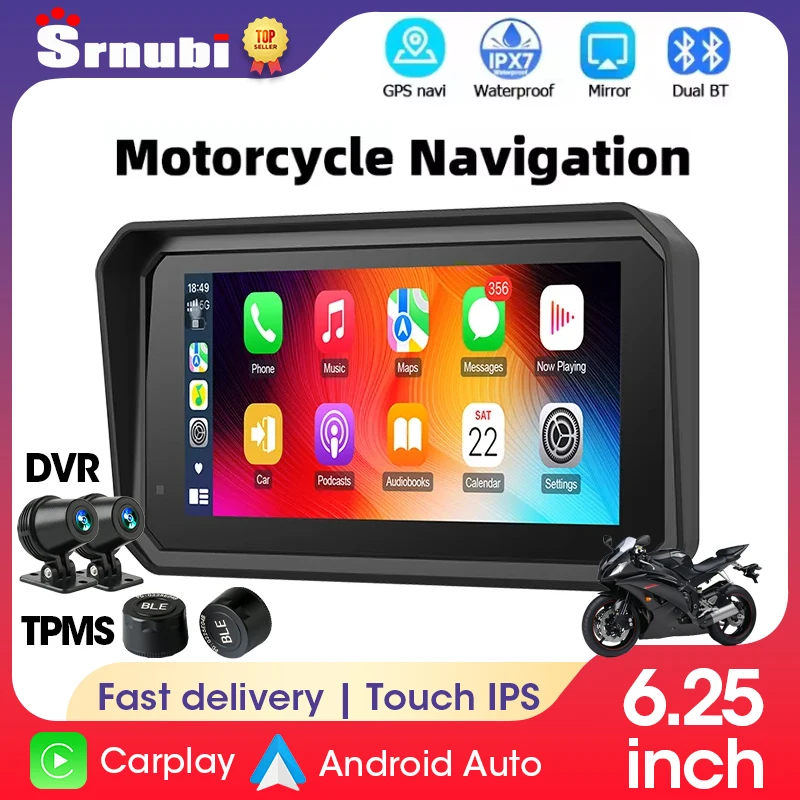 Srnubi Wireless CarPlay Moto Android Auto 6,25" Tragbares digitales Motorrad-Armaturenbrett GPS-Navigationsdisplay TPMS-Monitor Image