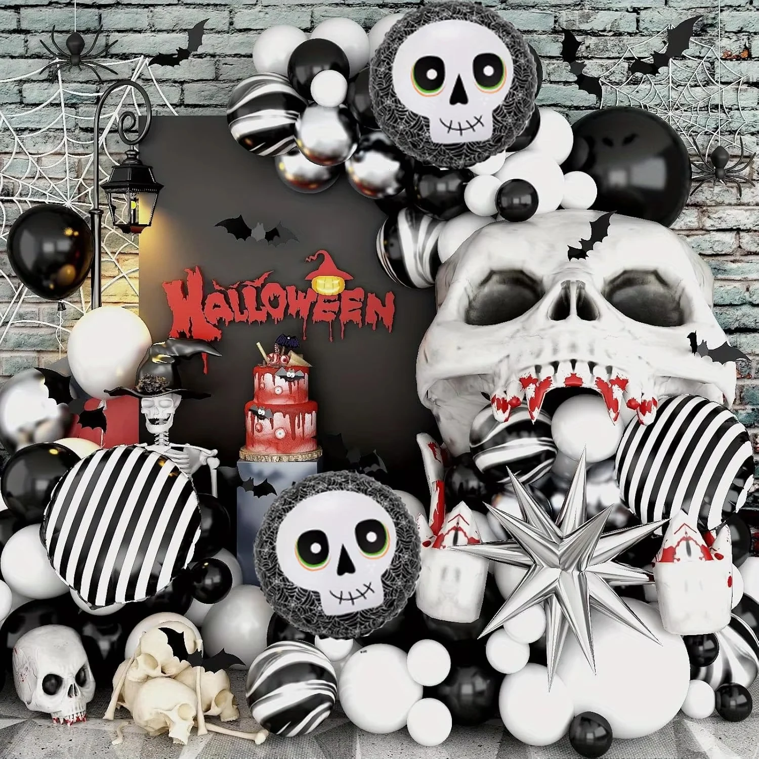 105-teiliges Halloween-Ballon-Girlanden-Set – schwarz-weiß gestreift mit Totenkopf-Folienballons, geeignet für Halloween-Party-Dekorationen Image