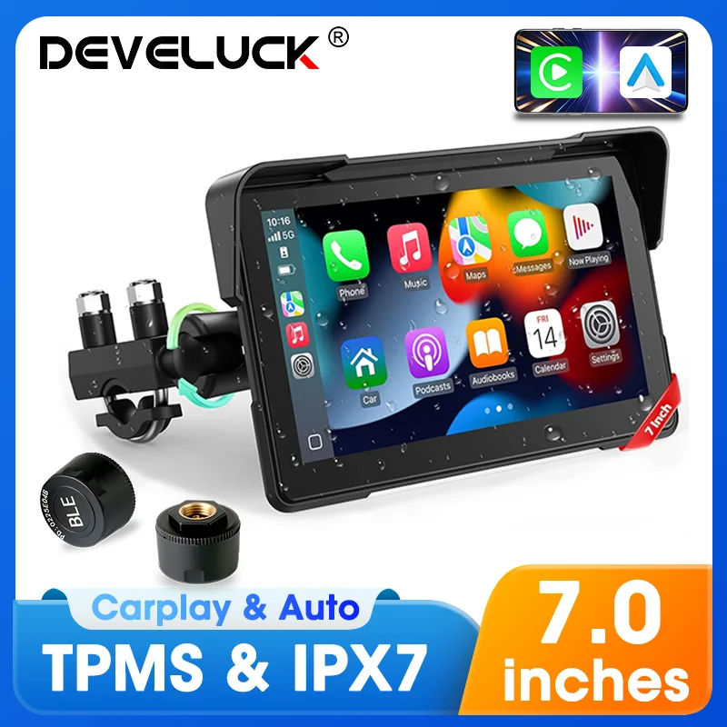 Develuck 5/7'' Digitaler Motorrad-Armaturenbrett-Bildschirm, kabellos, CarPlay, Android, Auto-Navigation, GPS, Moto-Navigation, optionales TPMS