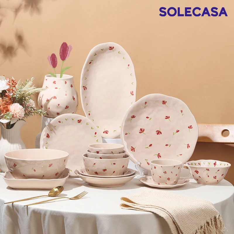 SOLECASA Keramik-Essteller, Suppenschüssel, Reis, Salatschüssel, Kaffeetasse, Blumenmuster, Küche, Geschirr, Abendessen, mikrowellengeeignet Image