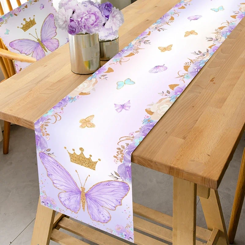 Lila Tischläufer mit Schmetterlingsmotiv aus Polyester, Tischflagge für Schmetterlingsgeburtstag, Hochzeit, Zuhause, Feiertags-Tischdekoration Image