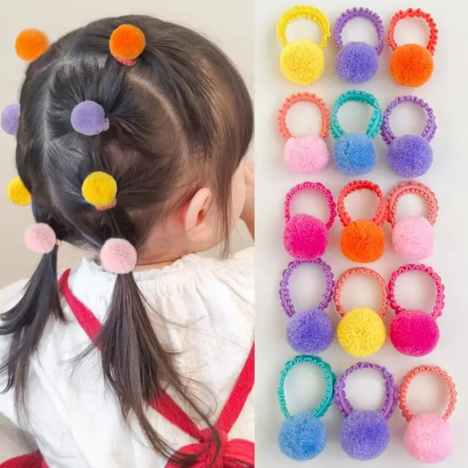 20 Stück bunte Pom-Pom-Haargummis, bezaubernde Haarbänder für kleine Mädchen, süße Haar-Accessoires Image
