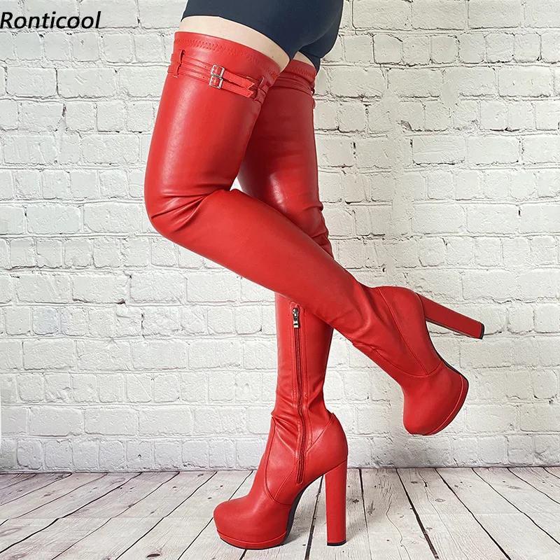 Ronticool Damen-Plateau-Oberschenkelstiefel, Frühling, Unisex, klobiger Absatz, runde Zehen, wunderschöne rosa, lila, rote Cosplay-Schuhe, US-Größe 5–20