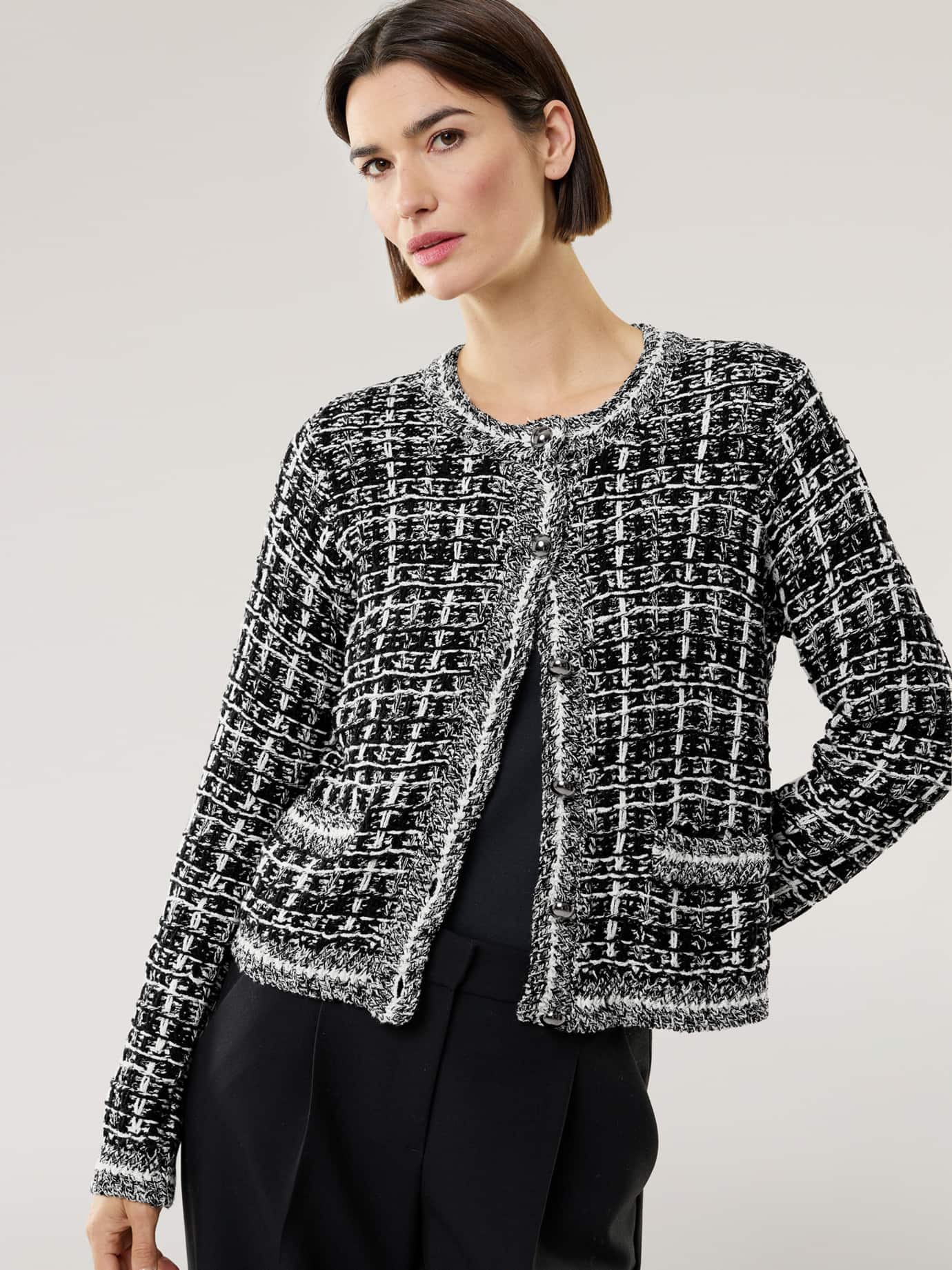 Walbusch Damen Tweed Strick Jacke Black&White Weiß mehrfarbig
