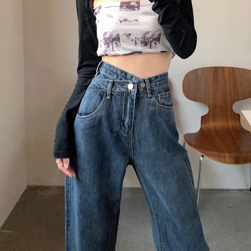 Herbst Frühling Denim Hose Frauen Jeans Vintage Gerade Hosen Mode Weibliche Blau Hohe Taille Jeans Beiläufige Breite Bein Hosen