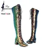Glitzernde Bling-Stiefel für Damen, Overknee-Chunk-High-Heels, Reißverschluss, Schnürung, Runway-Damenschuhe, große Oberschenkelhohe Stiefel, Größe 46,