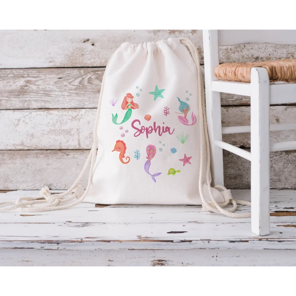 "Borsa con coulisse a forma di sirena personalizzata – Borsa per asilo nido/scolastica per bambini, palestra per il ritorno a scuola/PE/Forniture e decorazioni per il nuoto"