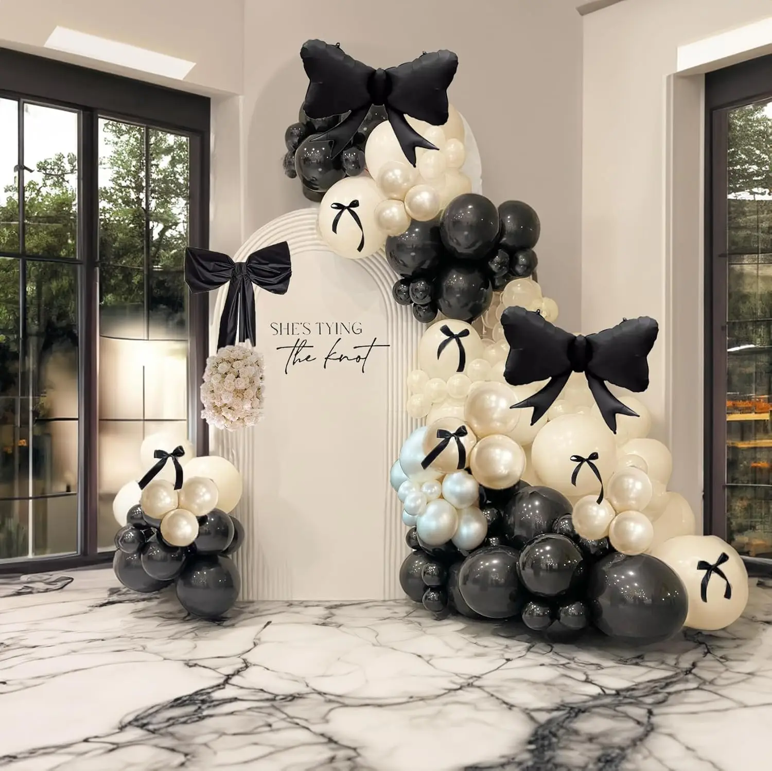 122 Stück schwarze Schleife Geburtstagsparty-Dekorationen mit perlweißen Luftballons für Mädchen, Kokette, Geburtstag, Hochzeit, Brautparty-Dekoration Image