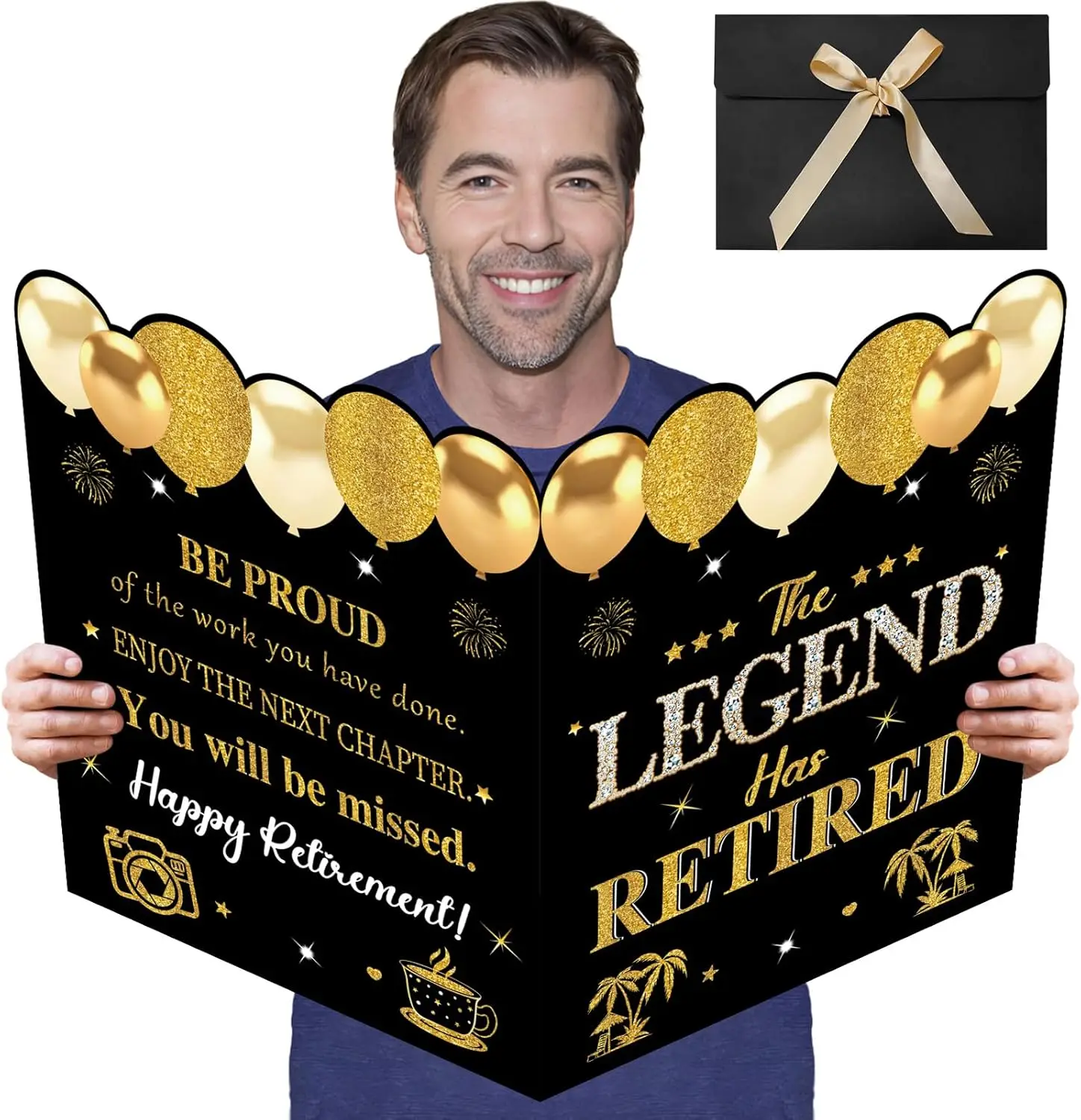 Ruhestandskarte für Männer und Frauen, Schwarzgold, große Ruhestandskarte zum Signieren, Jumbo, die Legende hat pensionierte Gästebuch-Grußkarte Image