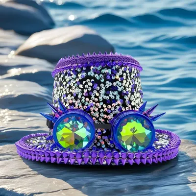 HongLuan Violette Steampunk-Zylinder für Herren, Pailletten-Festival-Zylinder für Damen mit Schutzbrille, Vintage-Burningman-Outfit für Damen Image