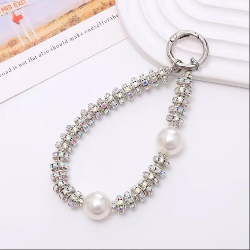 Mode Luxus Telefon Schlüsselanhänger handgemachte Diamant Perle Telefon Handgelenk Strap Bling Kristall Schlüsselanhänger kurze Perlen Armband Image