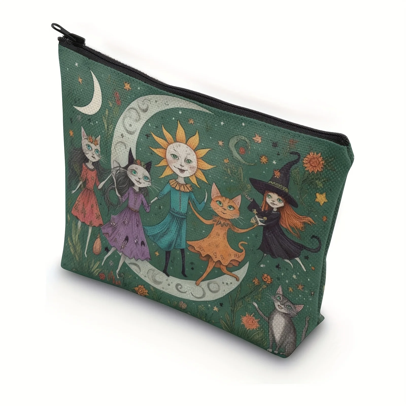 Bezaubernde Waldnacht-Make-up-Tasche – skurrile Hexe, Katze und Mond-Design auf dunkelgrün – multifunktionale Reißverschlusstasche Image