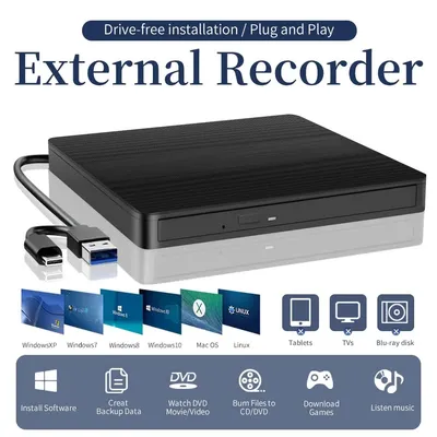 USB 3.0 Typ-C Tragbares 2-in-1 externes ultradünnes DVD-Laufwerk DVD RW CD-Brenner Lesegerät Player Geeignet für Laptops Mac Optisches Laufwerk