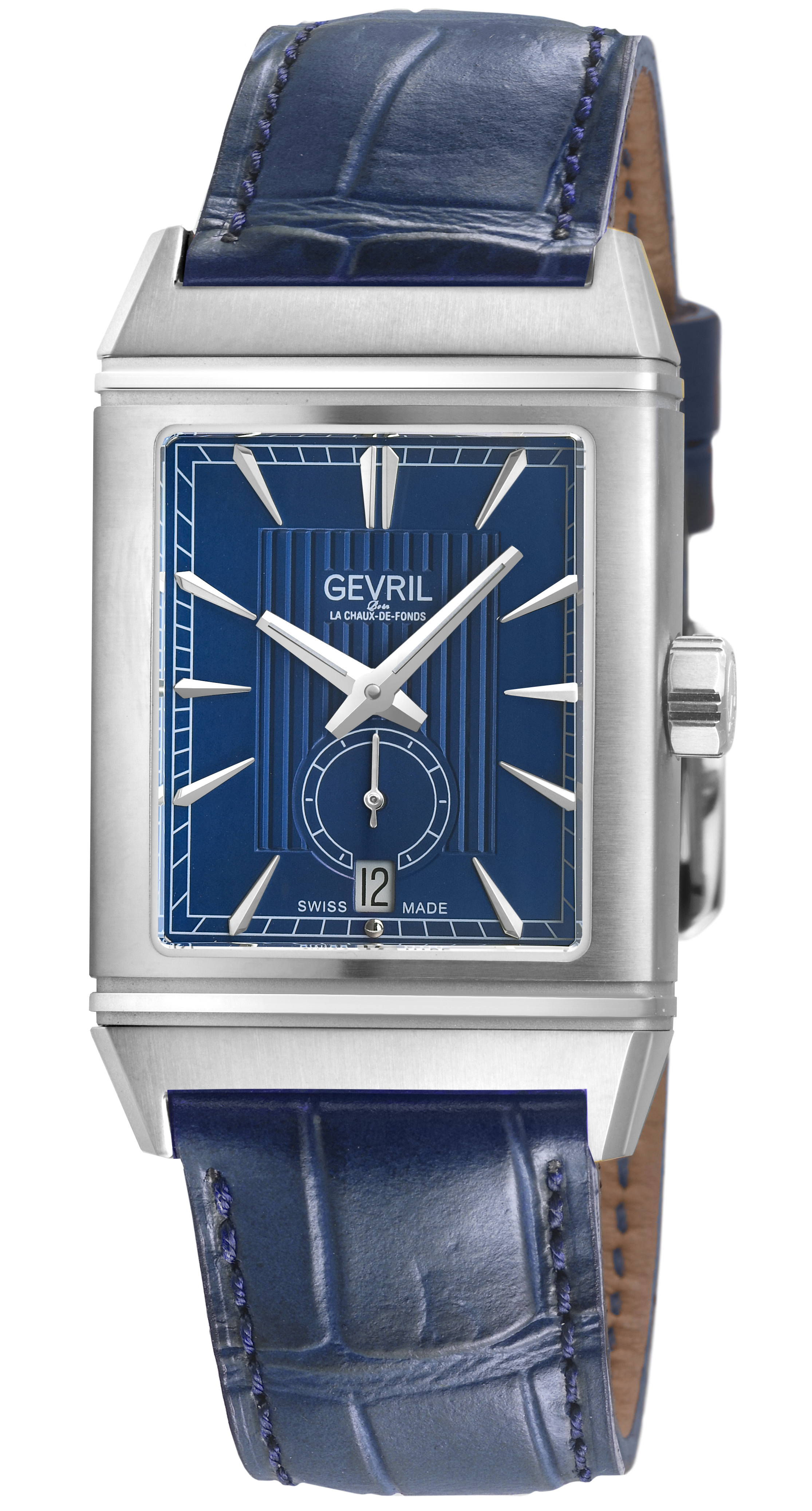 Gevril Mens Time Square 316L Stainless Steel Case, Blue Dial, Handmade Italian Leather Strap. - One Size | Gevril Sale | Discount Designer Brands