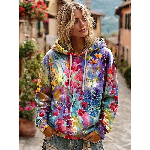 Felpa con cappuccio vintage boho 3D stampata per donne felpa patchwork con cappuccio felpa pullover floreale felpa oversize calda e attiva con cappuccio uso quotidiano da strada patchwork nero bianco