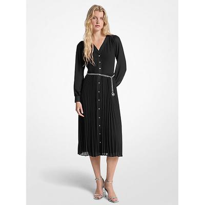 Michael Kors Georgette Belted Pleated Shirtdress Black M