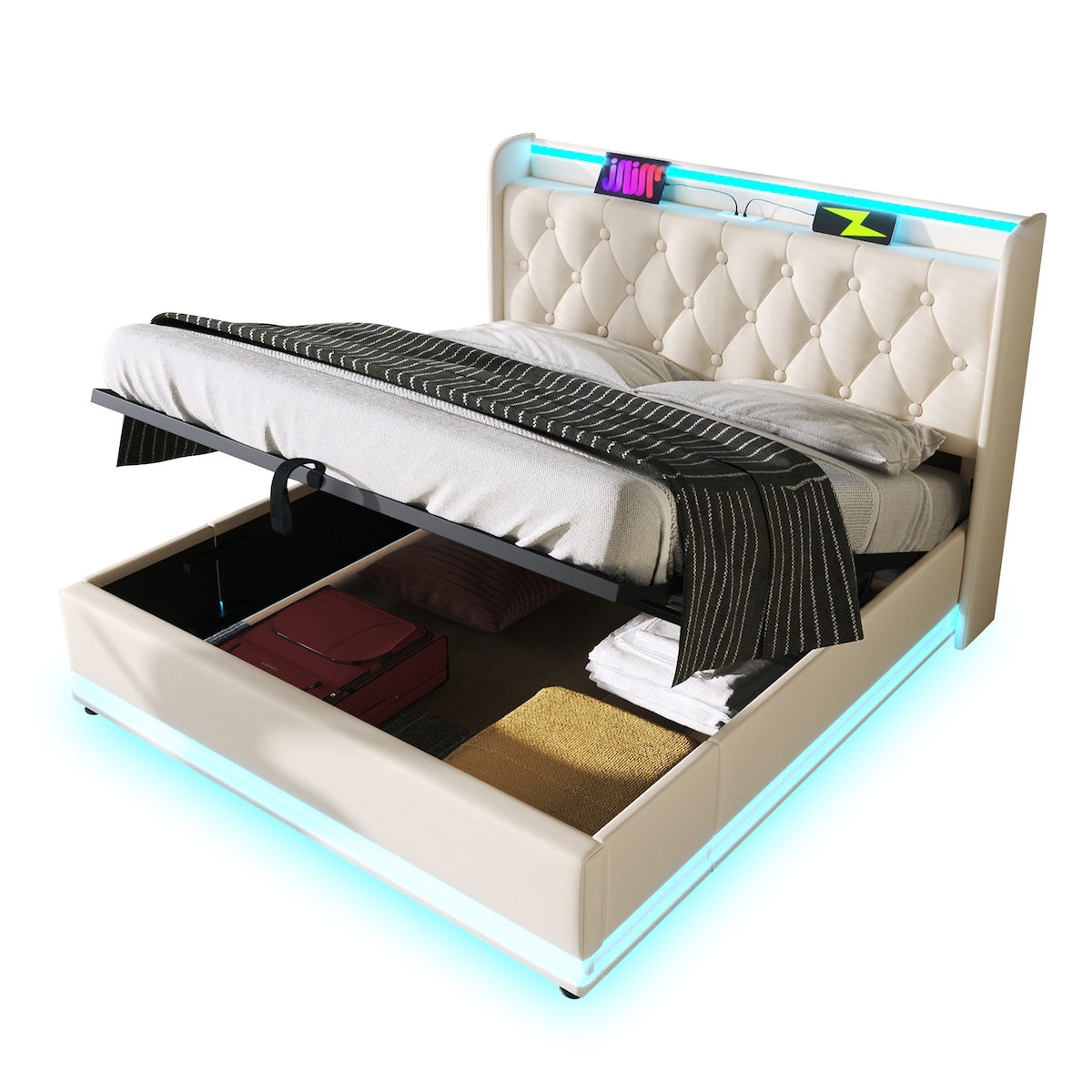 OKWISH LED-Bett 160x200 cm mit Typ-C, PU-Bezug, inkl. Lattenrost – ohne Matratze Image