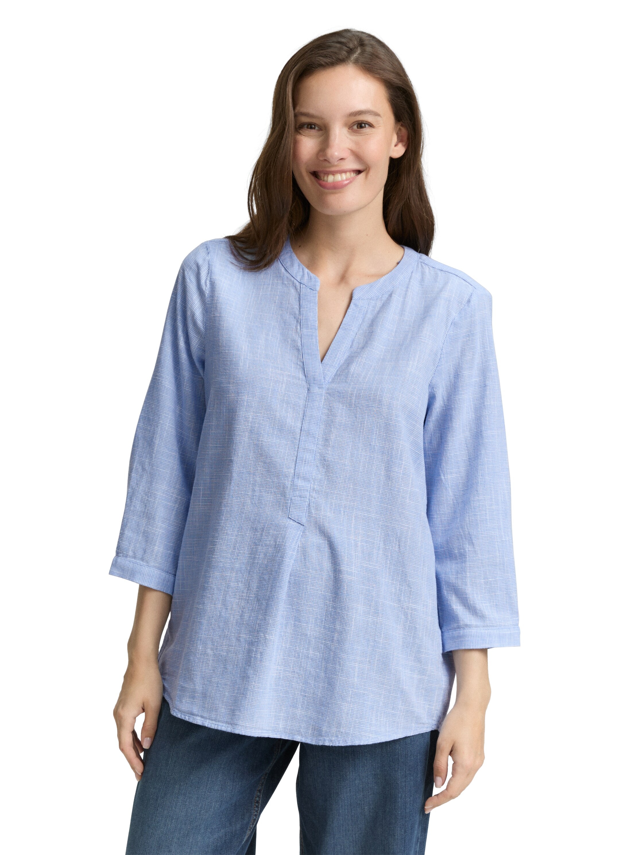 Klassische Bluse TOM TAILOR, Damen, Gr. 44, blau (dreamy blau), Web, Obermaterial: 100% Baumwolle, unifarben, Casual, regular fit taillenbedeckt, Rundhals, Blusen, mit geschlitztem Rundhalsausschnitt Image