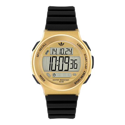 Chronograph ADIDAS ORIGINALS "EXPRESSION THREE DIGITAL", schwarz, goldfarben, Armbanduhren, Herren, Quarzuhr, Armbanduhr, Herrenuhr, Damenuhr,Silikonarmband,Stoppfunktion Image