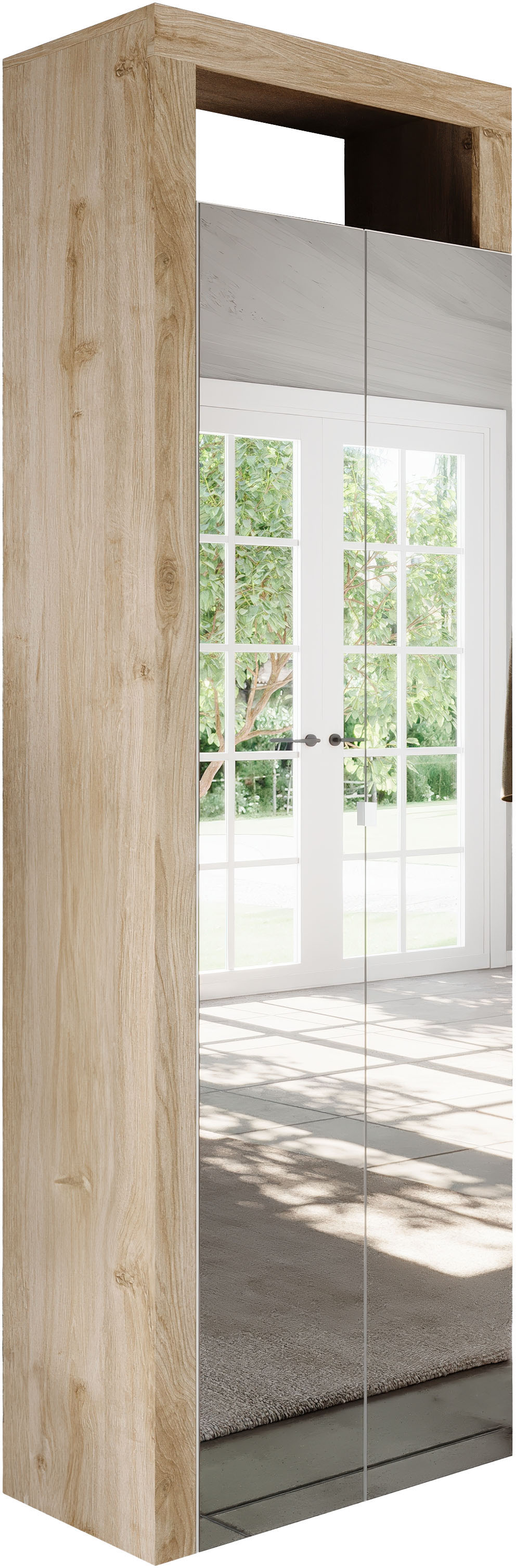 Schuhschrank HOME AFFAIRE "Hamburg Höhe 195 cm, Hochschrank, 2 Spiegeltüren, dekorativer Rahmen", weiß (weiß, eiche cadiz nb), B:64cm H:195cm T:35cm, Schränke, Schuhschrank, Schuhregal mit 6 Ebenen, Ablagefach, verstellbare Böden, Metallgriff Image