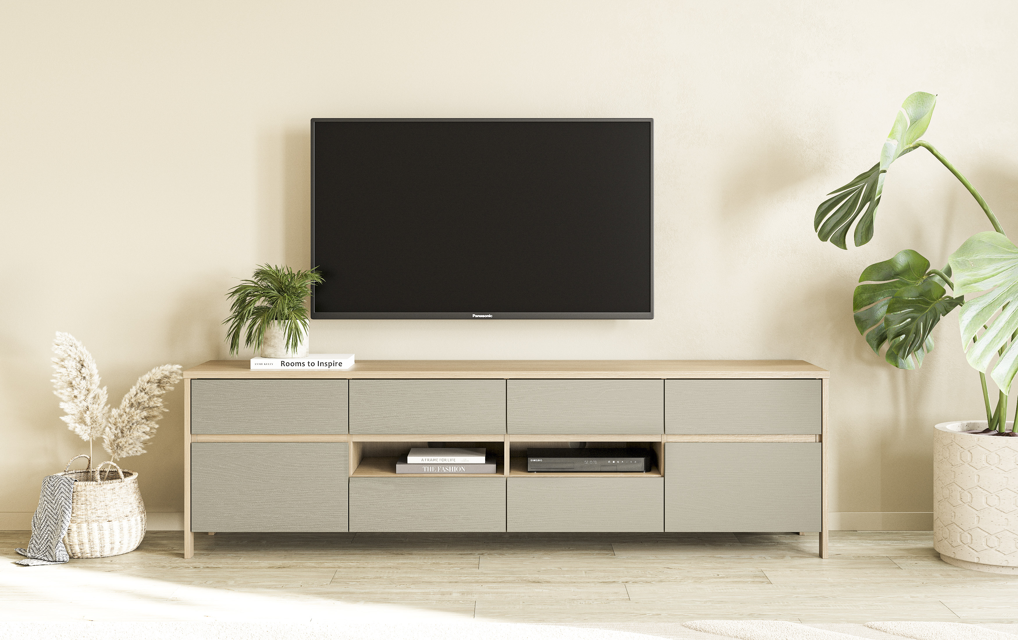 TV-Schrank HOME AFFAIRE "Stranda, moderner TV-Unterschrank, Kommode im Scandi-Style, Lowboard", eukalyptus skandi eiche, B:193cm H:58cm T:39cm, FSC-zertifizierter Holzwerkstoff, Schränke, Rahmenoptik, ausreichend Stauraum, vielseitig einsetzbar, 193...