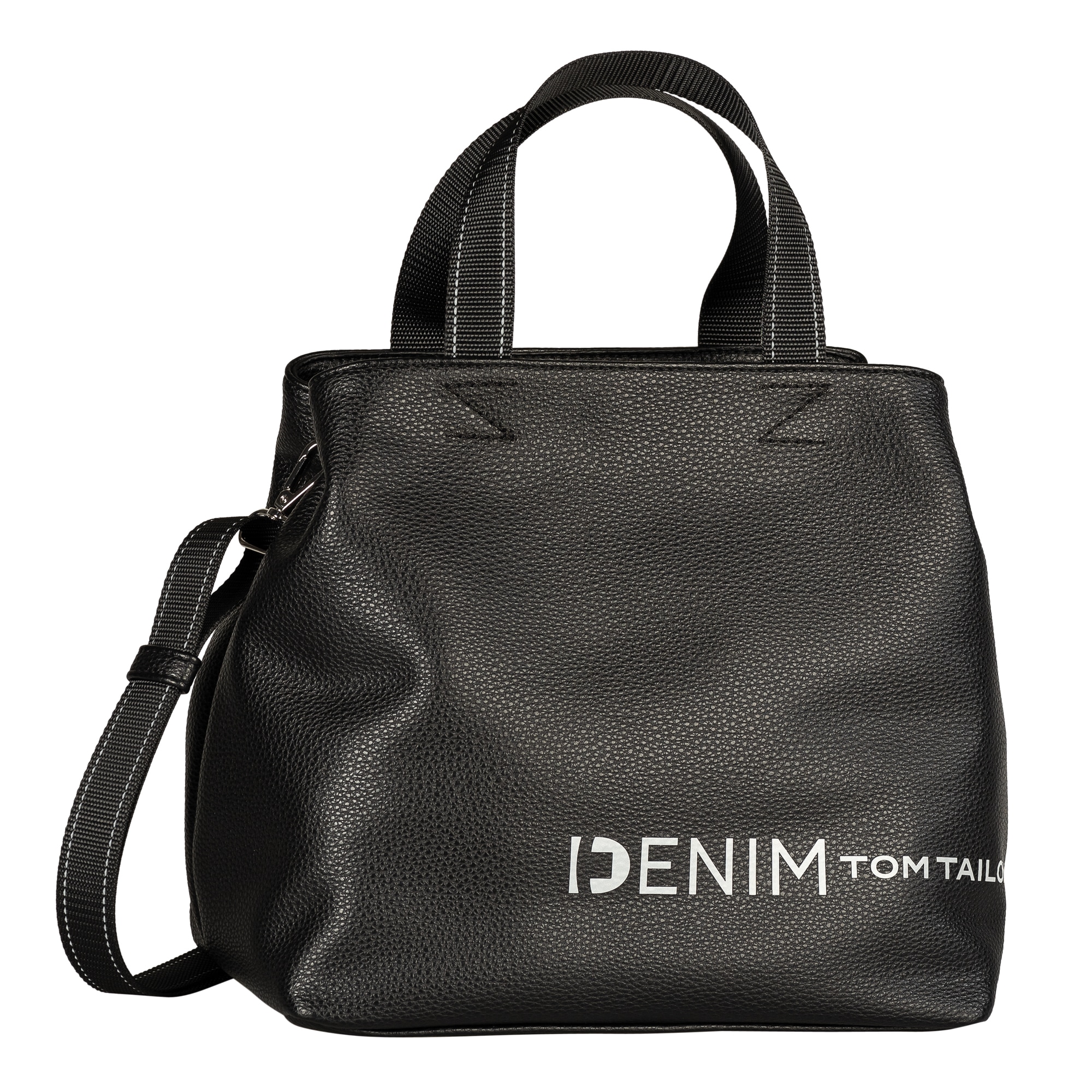 Shopper TOM TAILOR DENIM "Marlow", Damen, Gr. B/H/T: 27cm x 25,5cm x 17cm, schwarz, Polyurethan, bedruckt, clean, gepflegt, unifarben, Taschen Shopper, griffig leichtes Lederimitat mit reflektierendem Logo und Zierlinien