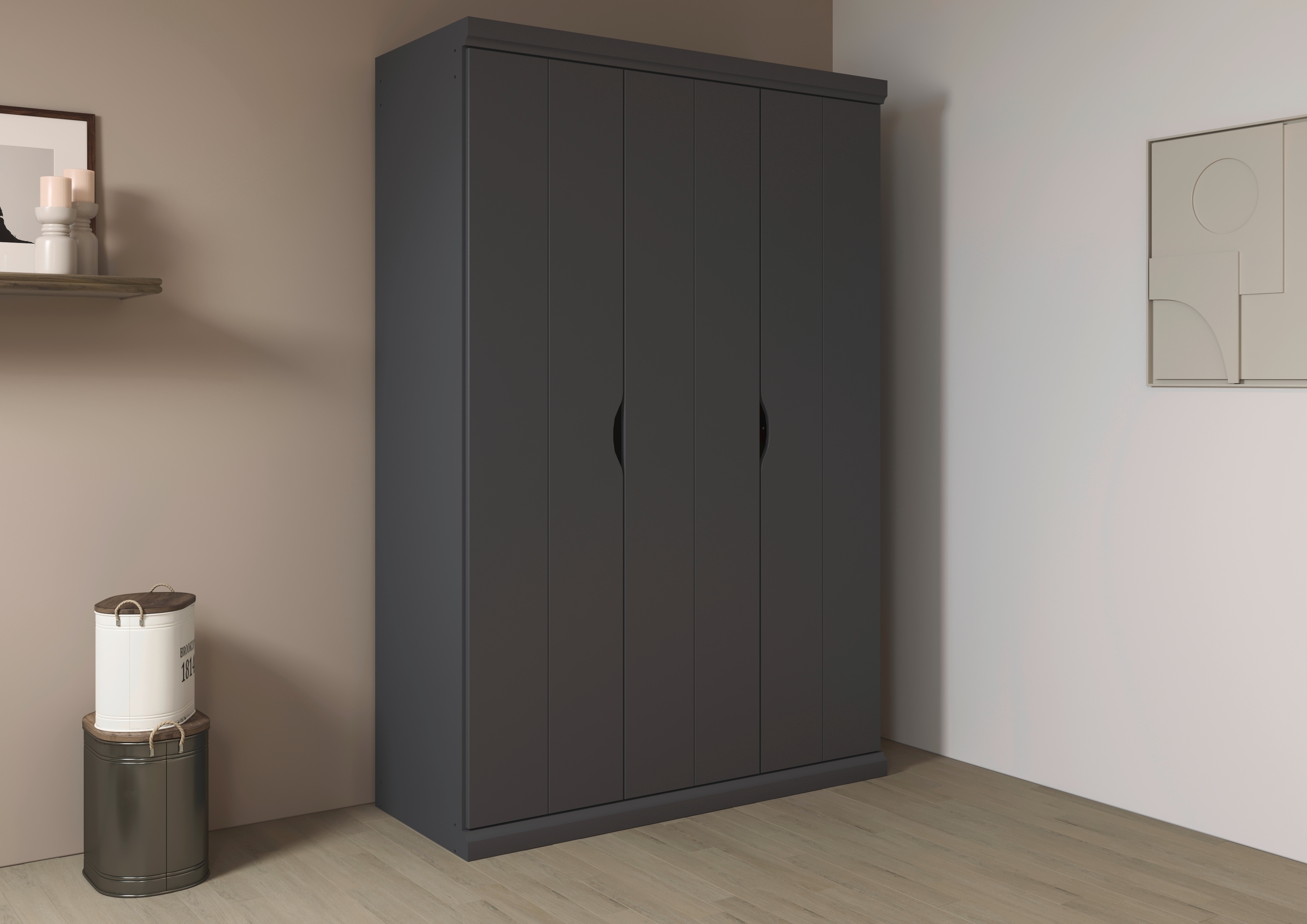 Kleiderschrank RAUCH "Drehtürenschrank Schrank Garderobe Wäscheschrank Schlafzimmer MARLENE", grau (graumetallic), B:136cm H:203cm T:56cm, Holzwerkstoff, Schränke, in 3 Breiten 91/136/181 cm im Landhaus-Stil MADE IN GERMANY Image