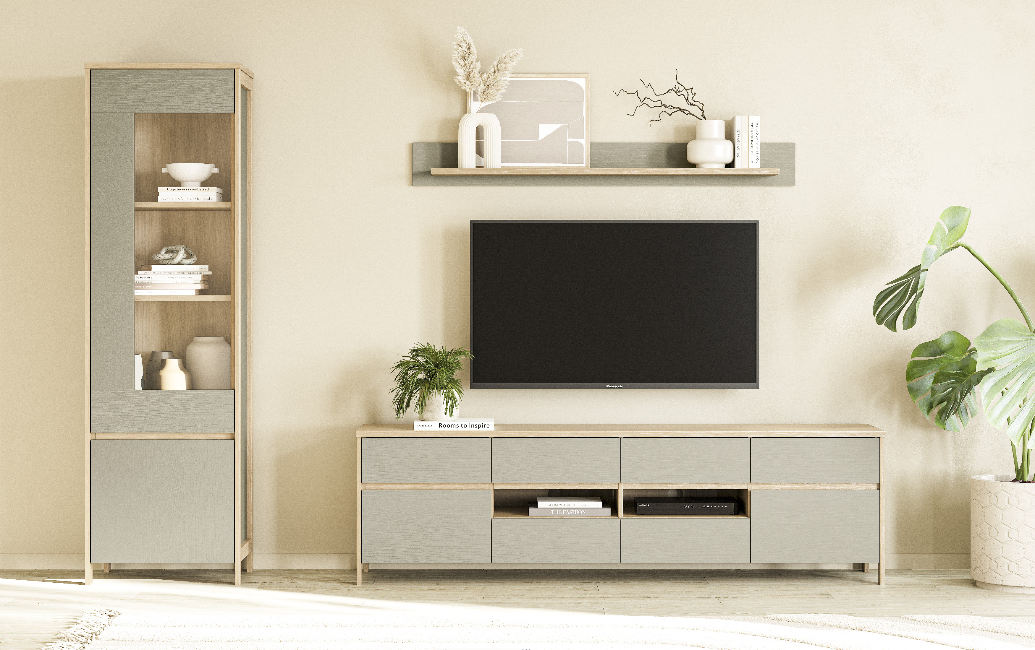 Wohnwand HOME AFFAIRE "Stranda, moderne Anbauwand, Komplettset im Scandi-Style", eukalyptus skandi eiche, B:266cm, Holzwerkstoff, Kastenmöbel-Sets, Wohnwand, enthält Vitrine, Lowboard und Wandboard, 270 cm breit