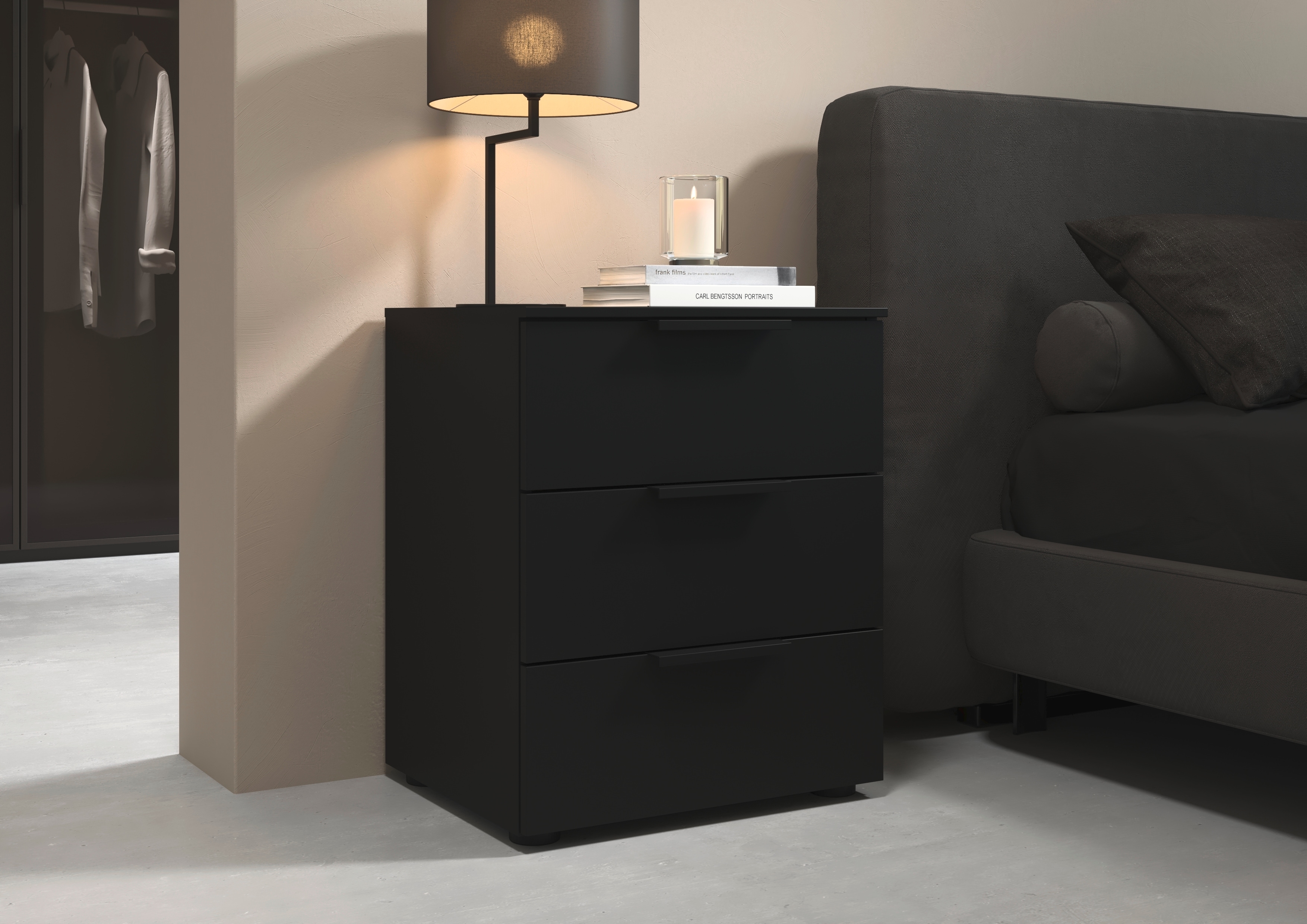 Nachtkommode "Nachttisch Nachtschrank Nachtkonsole SERINA eleganter Eyecatcher", schwarz, B:50cm H:61cm T:42cm, Holzwerkstoff, LEGER HOME BY LENA GERCKE, Sideboards, mit 3 Schubkästen sowie hochwertigen Metallgriffen MADE IN GERMANY