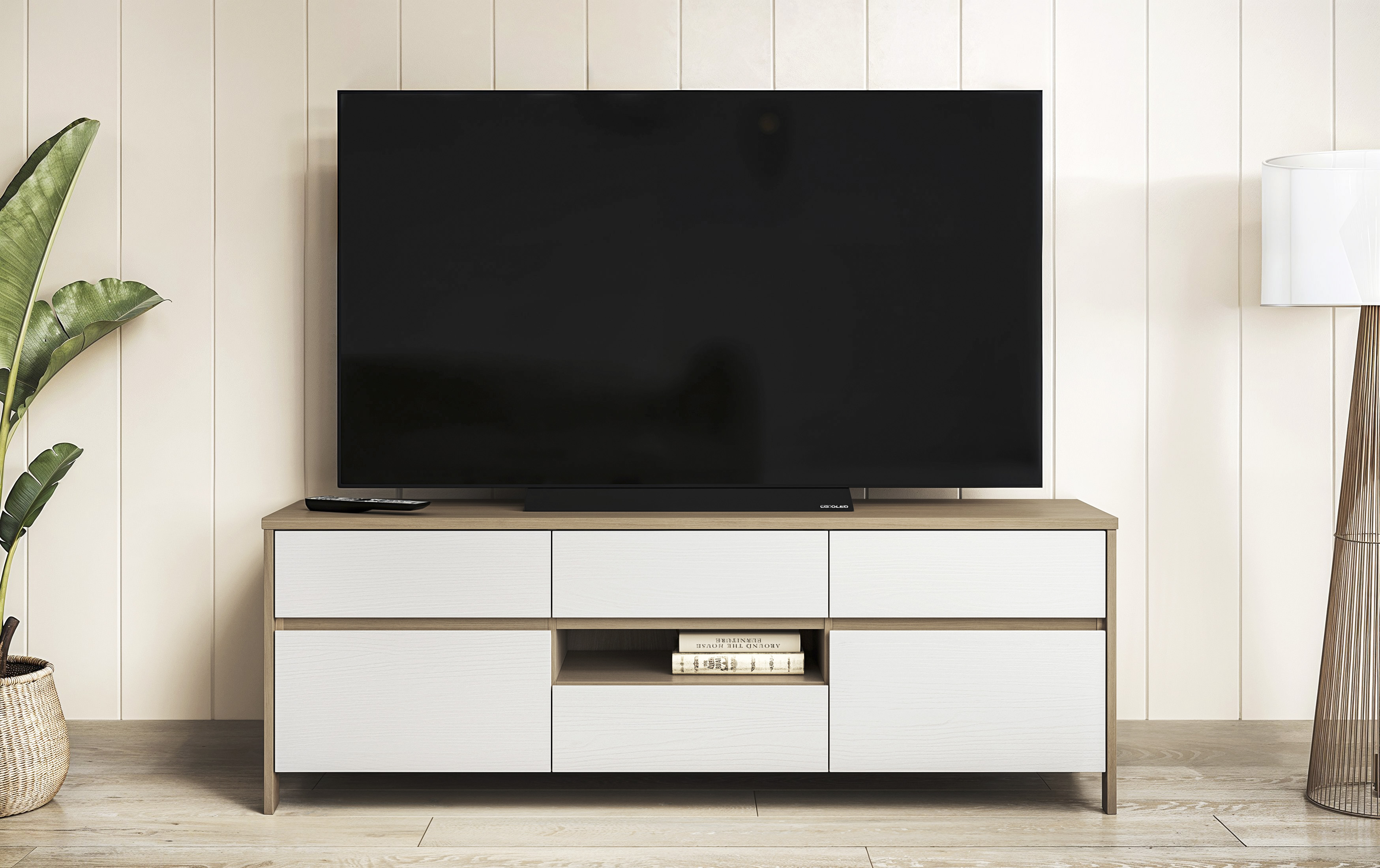 TV-Schrank HOME AFFAIRE "Stranda, moderner TV-Unterschrank, Kommode im Scandi-Style, Lowboard", weiß (weiß skandi eiche), B:164cm H:58cm T:39cm, FSC-zertifizierter Holzwerkstoff, Schränke, Rahmenoptik, ausreichend Stauraum, vielseitig einsetzbar,...